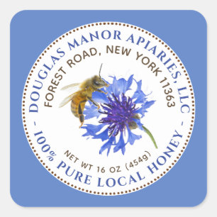 Honey Label Blue Flower Bee and Blue Text Border