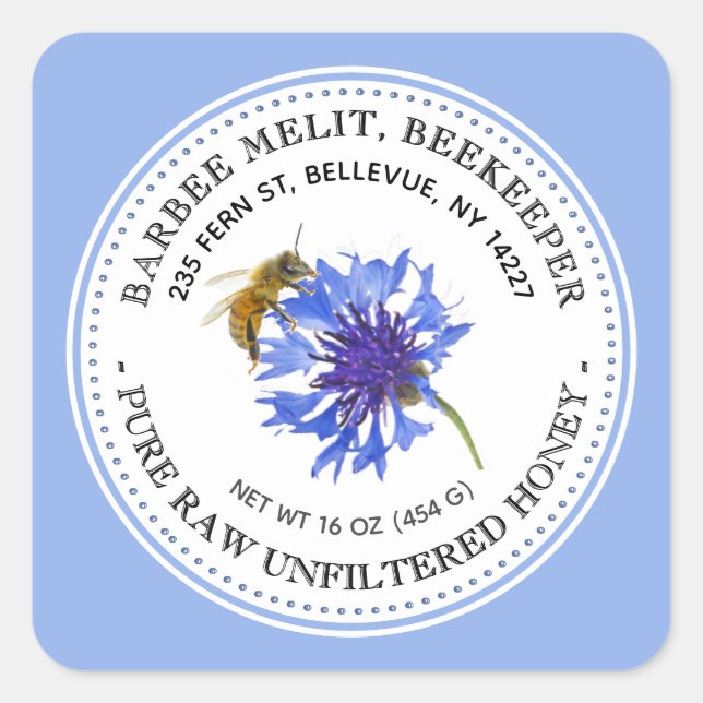 Honey Label Blue Flower Bee Beekeeping Sticker (Front)