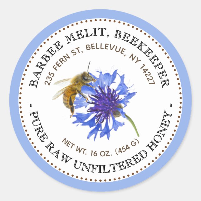 Honey Label Blue Flower Bee with Blue Border (Front)