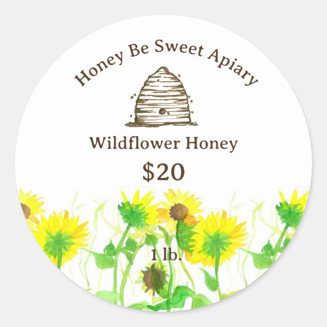 Honey Label Honeybee Skep Sunflowers  (Front)