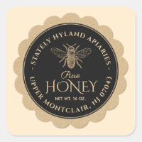 Honey Label Kraft Scallop Border Bee Black Circle