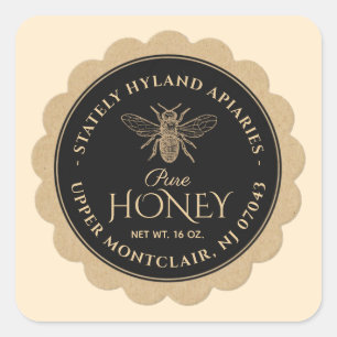 Honey Label Kraft Scallop Border Bee Black Circle