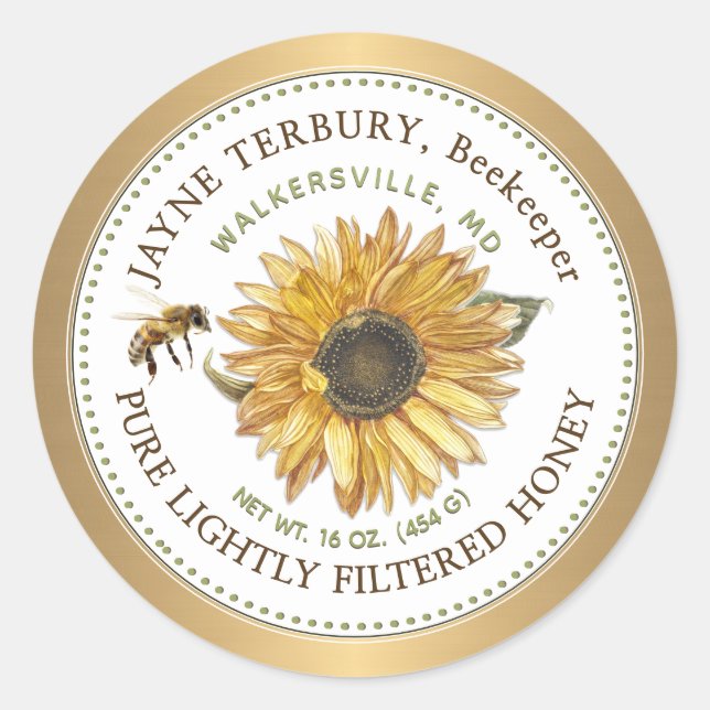 Honey Label Sunflower with Bee Gold Border (Front)