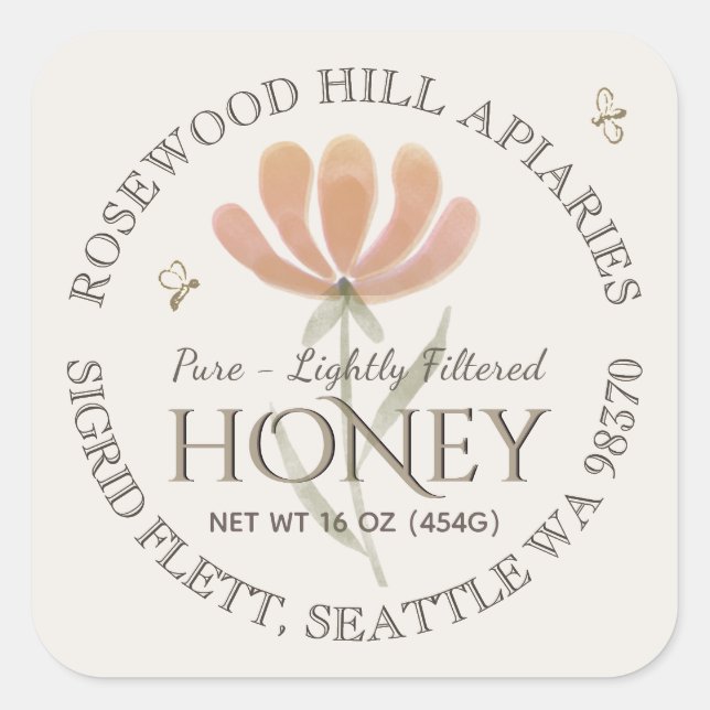 Honey Label Watercolor Flower Bees Ivory (Front)