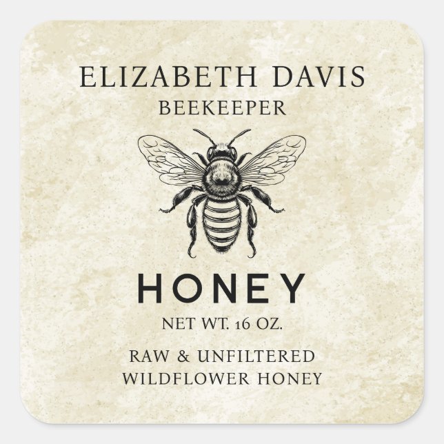 Honey label with custom colour bee vintage style (Front)