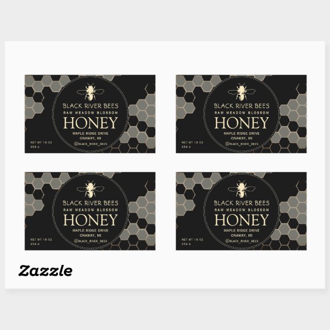 Honey Label with Honeycomb and Stylised Bee Black (Sheet)
