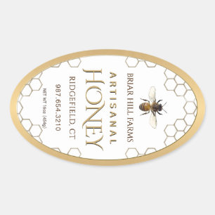 Honey Label with honeycomb, bee and gold border