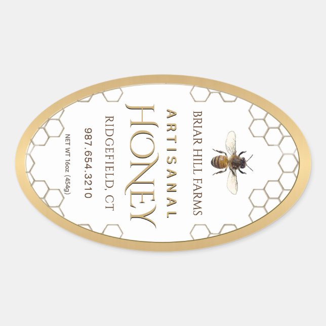Honey Label with honeycomb, bee and gold border (Front)