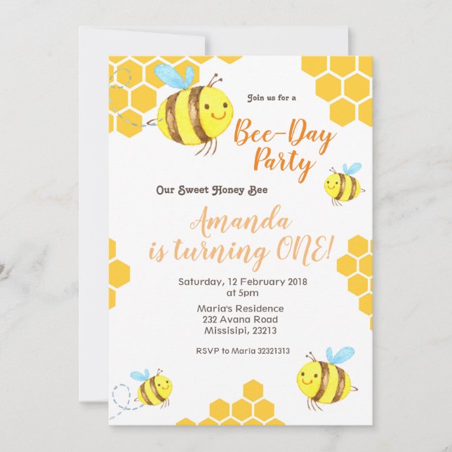 Honey Little Bee 1st Birthday Invitation (Front)