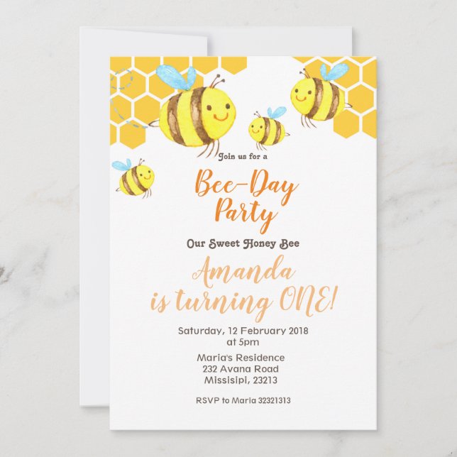 Honey Little Bee 2nd Birthday Invitation (Front)