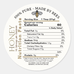 Honey Nutrition Facts 100% PURE with Honeybee Classic Round Sticker