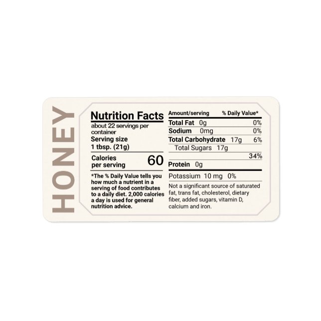 Honey Nutrition Facts Address Label Ivory Taupe (Front)