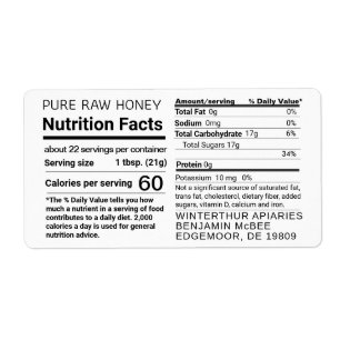 Honey Nutrition Facts Apiary Name shipping label