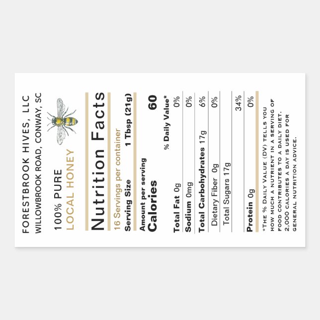 Honey Nutrition Facts Label 2020 Vintage Bee Gold (Front)