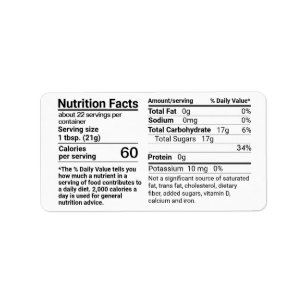Honey Nutrition Facts Label Small