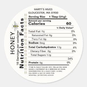 Honey Nutrition Facts Round Label Apiary Name Bee