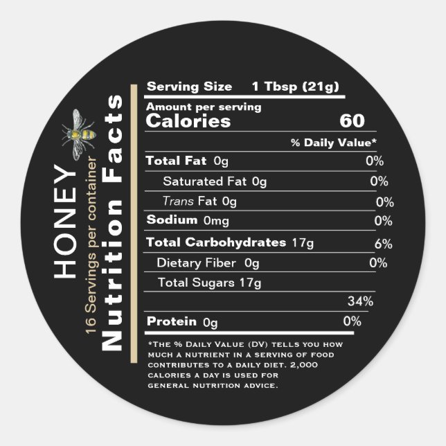 Honey Nutrition Facts Round Label Black Bee (Front)