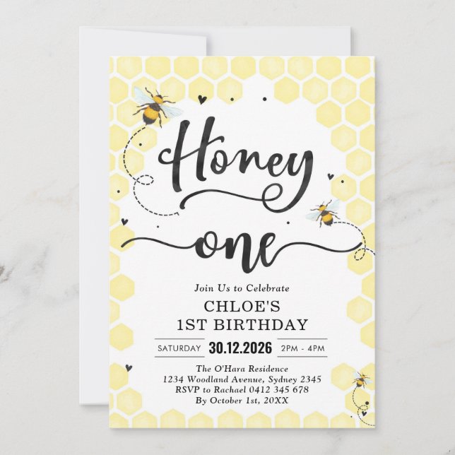 Honey One Honey Bee 1st Birthday Invitation (Front)