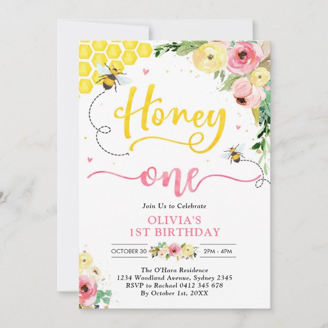 Honey One Honey Bee 1st Birthday Invitation (Front)