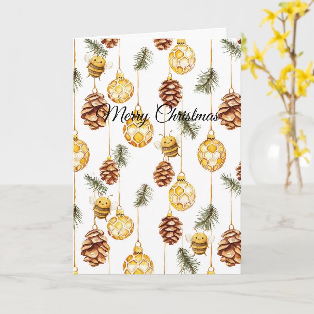 Honey Ornaments Happy Bees Christmas Pine Cones Card (Yellow Flower)