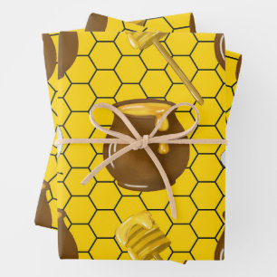 Honey Pots & Honeycomb Pattern Wrapping Paper Sheet