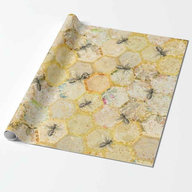 Honey Queen Bee Floral Honeycomb Gold Wrapping Paper (Unrolled)
