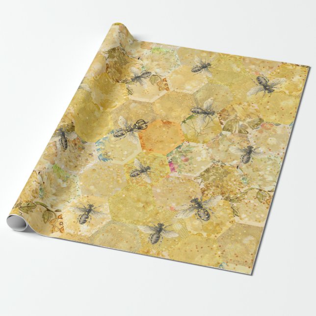 Honey Queen Bee Floral Honeycomb Gold Wrapping Paper (Unrolled)