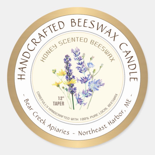 Honey Scented Beeswax Candle Label Gold Border (Front)