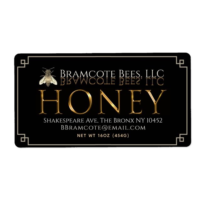 Honey shipping Label Gold on Black Bee (Front)