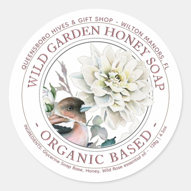 Honey Soap Organic Soap Bar Label Bird Rose Flower (Front)