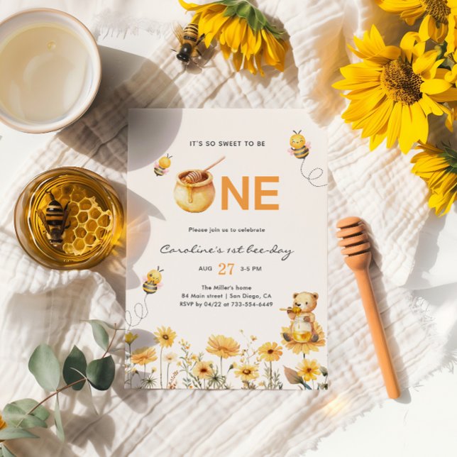 Honey Teddy Bear 1st Bee Day Floral Birthday Invitation (Creator Uploaded)
