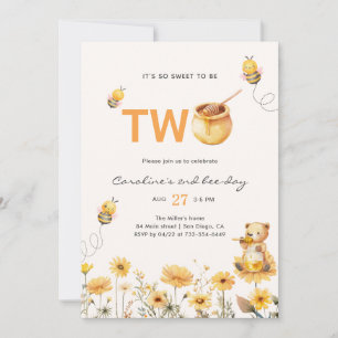 Honey Teddy Bear 2nd Bee Day Floral Birthday Invitation