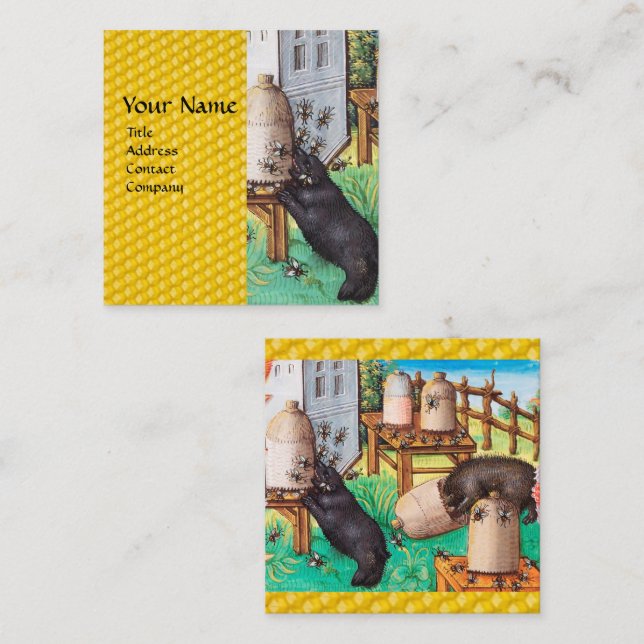 HONEY THIEF BEARS,BEES,BEE HIVES Mediaeval Apiary Square Business Card (Front/Back)