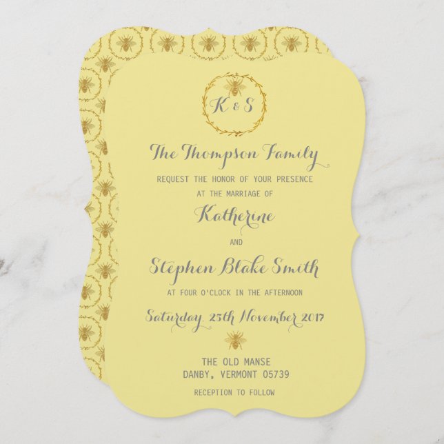 Honey Toffee Gold Foil Golden Bees Wedding Invitation (Front/Back)