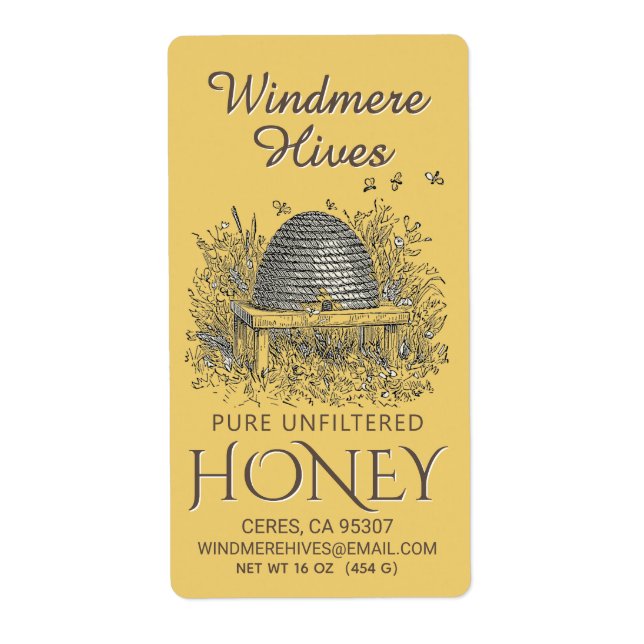 Honey Vintage Skep with Bees Yellow Shipping Label (Front)