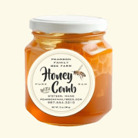 Honey with Comb Label Flying Bee on Pale Ivory