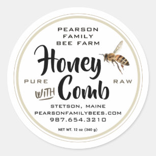 Honey with Comb Label Flying Bee on White