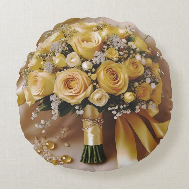 Honey Yellow Roses Wedding Bouquet, Round Cushion (Front)