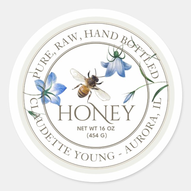 Honeybee and Blue Flowers Honey White Label (Front)