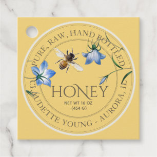 Honeybee and Blue Flowers Yellow Honey Jar Necktag Favour Tags