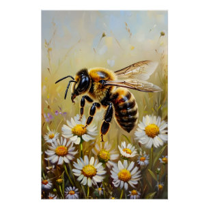 Honeybee Around Wildflowers Oil Painting Art Poster