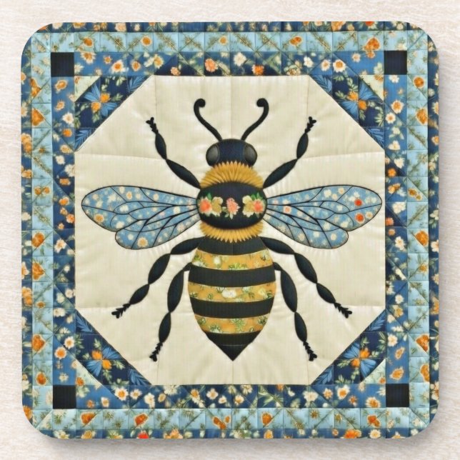 Honeybee Blue Border Quilt Coaster (Front)