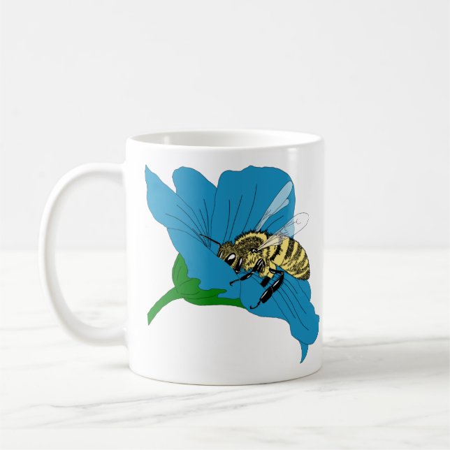 Honeybee Blue Flower Illustration Coffee Mug (Left)
