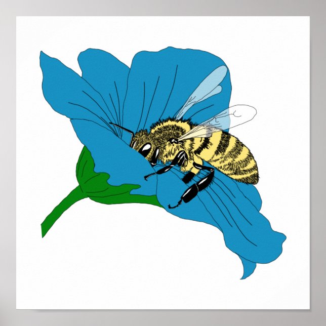 Honeybee Blue Flower Illustration Poster (Front)