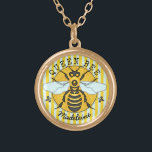 Honeybee Bumblebee Queen Bee Honey | Personalised Gold Plated Necklace<br><div class="desc">This super sweet honeybee necklace has an original drawing of a yellow and black bee. It has white-blue wings that are spread out like it's ready to fly. Behind it, it rests on a circle of honeycomb with a striped border and fleur de lis. It's perfect for any queen bee....</div>