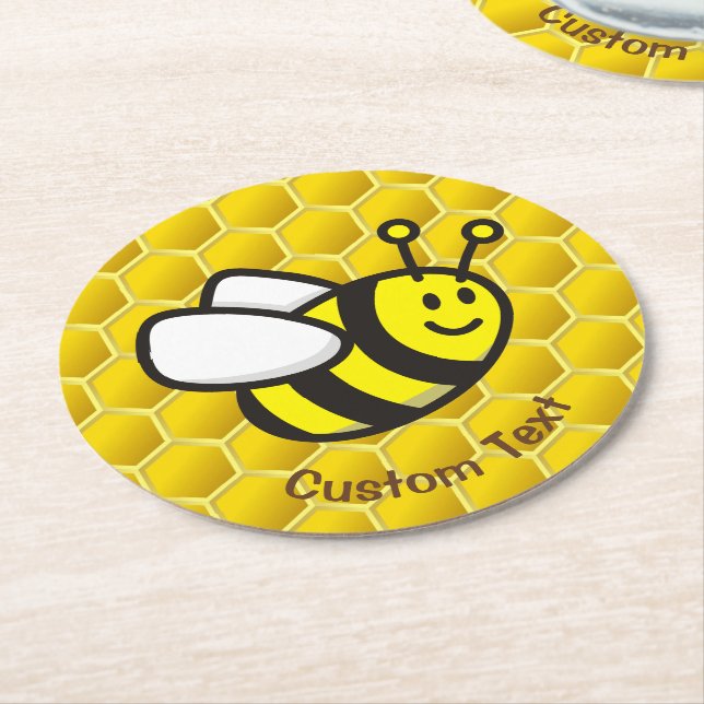 Honeybee Cartoon Round Paper Coaster (Angled)