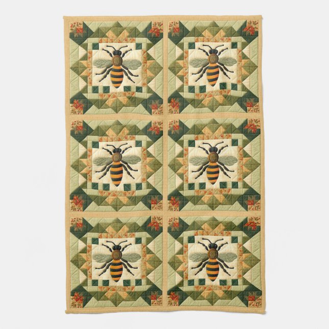 Honeybee Faux Quilt Tea Towel (Vertical)
