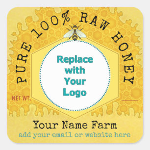 Honeybee Honey Jar Apiary Logo   Honeycomb Bee Square Sticker