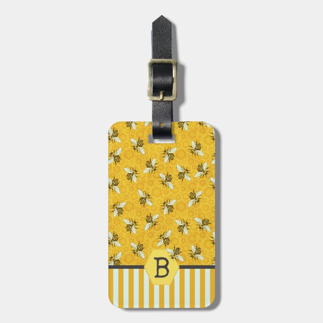 Honeybee Honeycomb Bumble Bee Monogram Pattern Luggage Tag (Front Vertical)