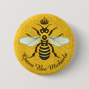 Honeybee Honeycomb Bumble Bee Queen   Custom Name 6 Cm Round Badge